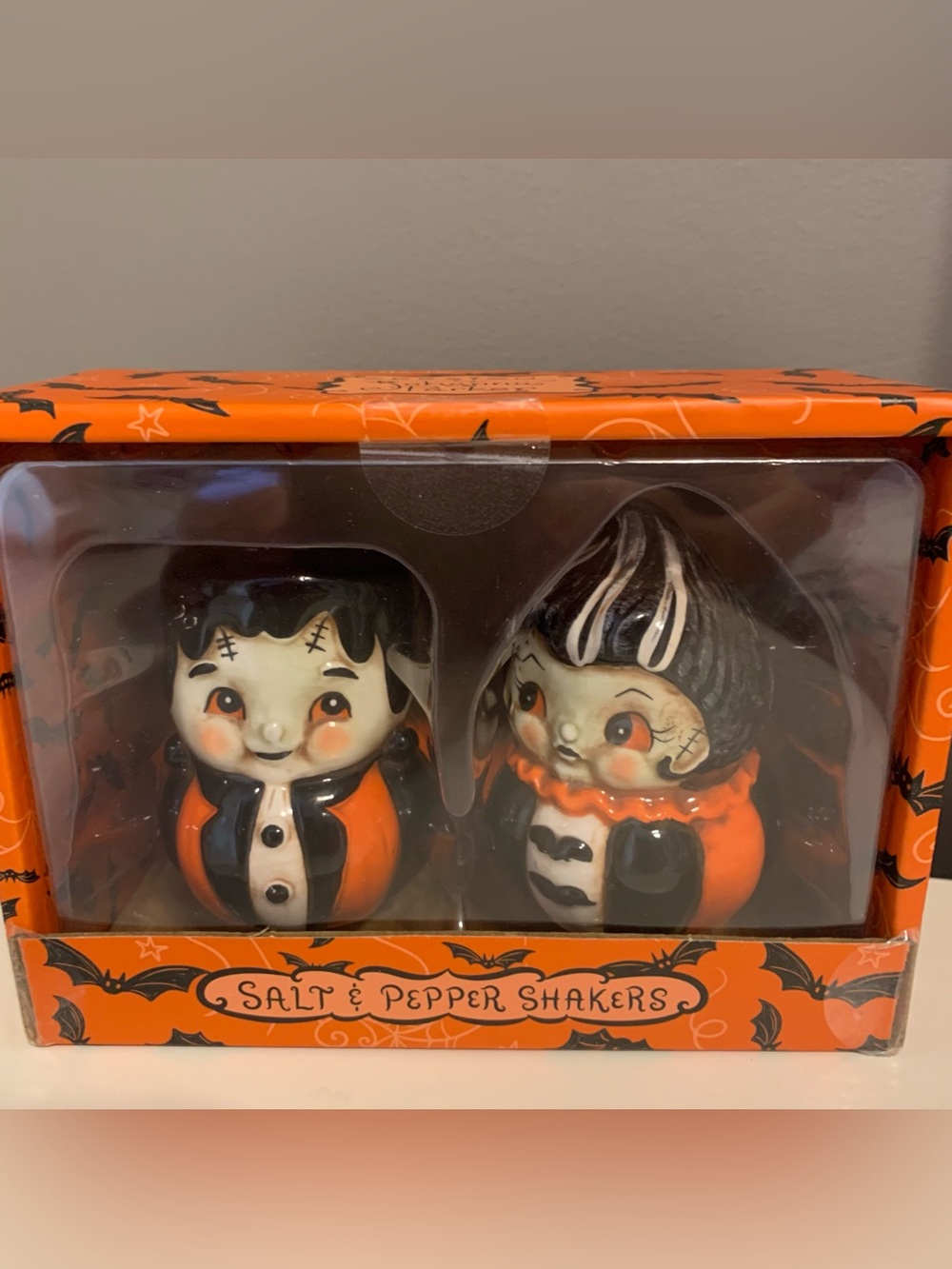 Halloween Frankenstein & Bride Salt and Pepper Shaker Set - Orange & Black